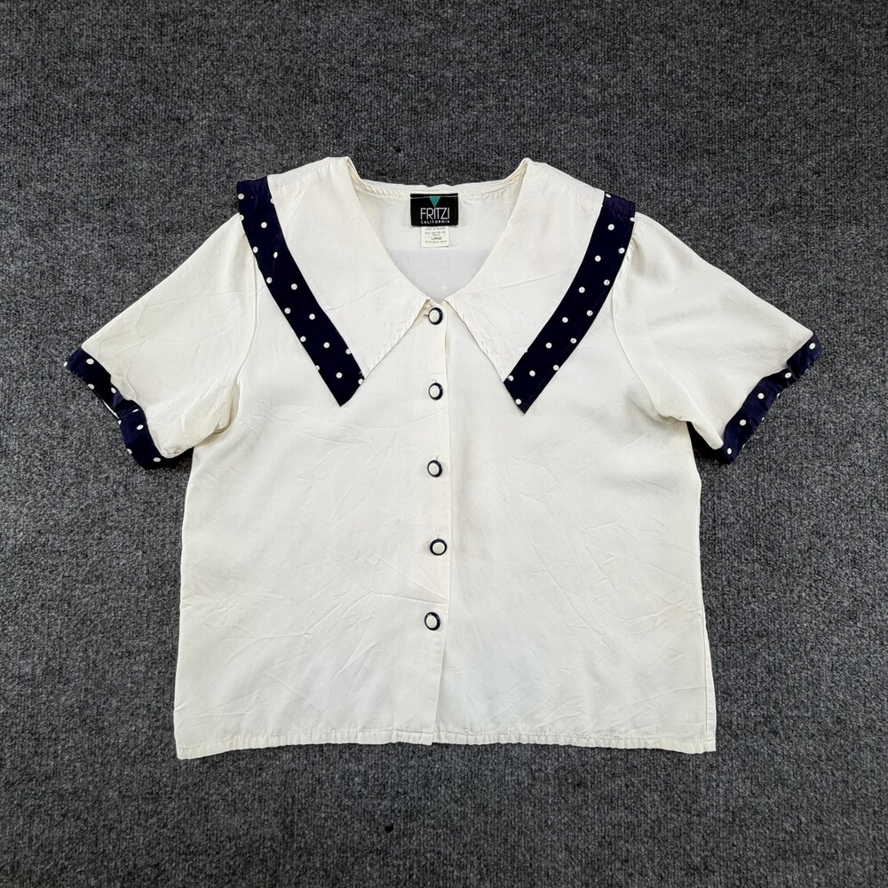 Vintage Fritzi California Blouse Womens Large White Navy Polka Dot Collar Top